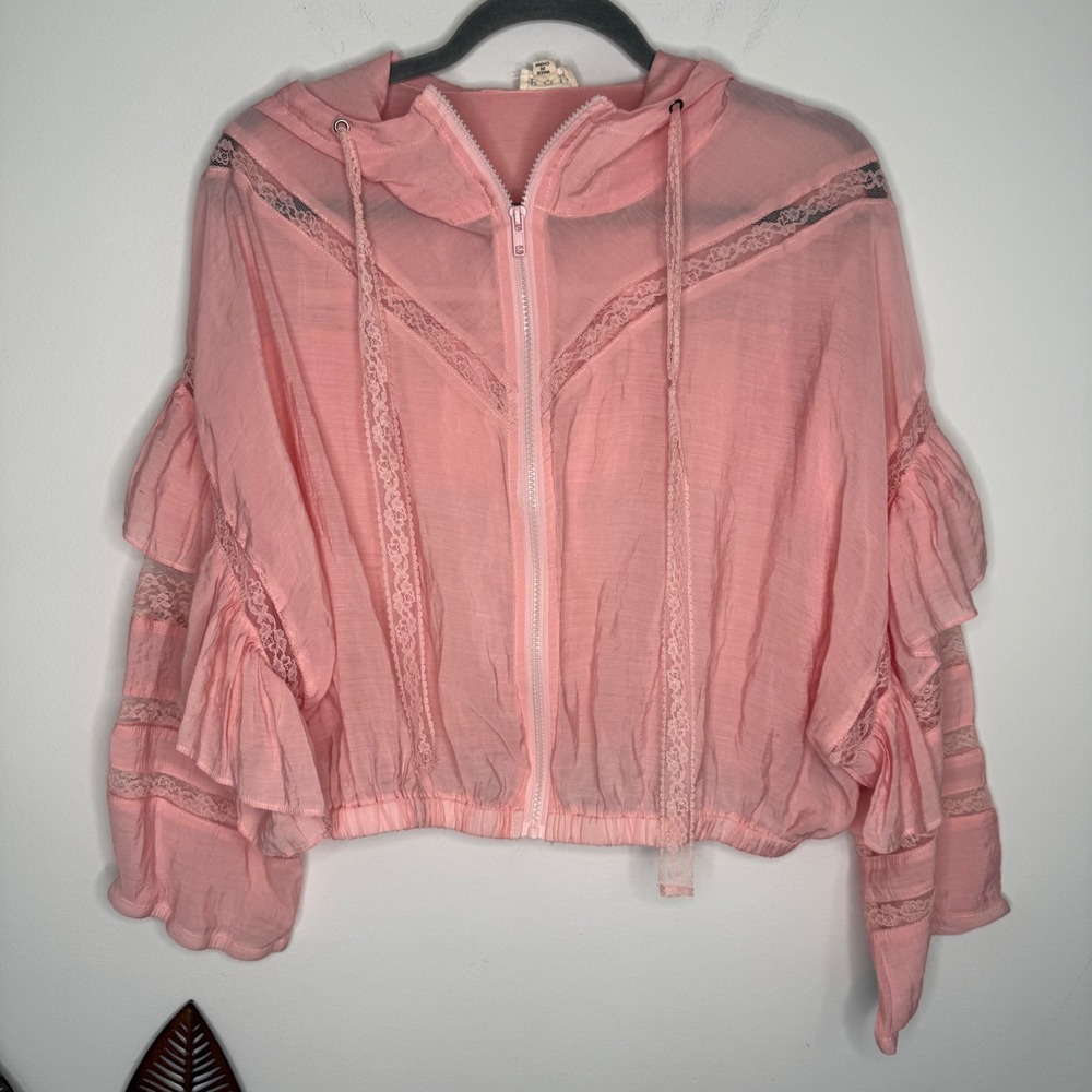 POL Clothing Pink Lace Ruffle Zip Up Hooded Jacket Boho Cropped Small